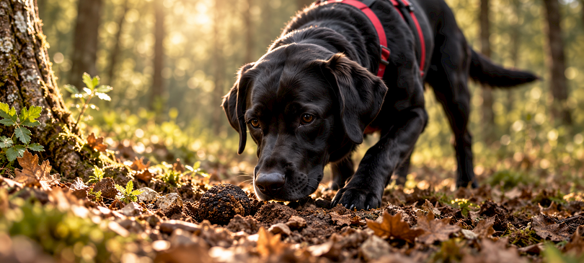 Chien truffier à la recherche d'une truffe